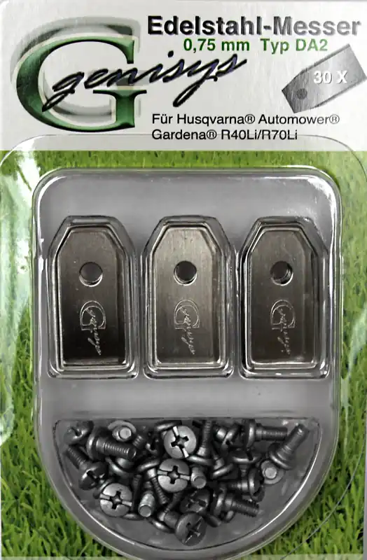 30x Ersatz Messer Klingen kompatibel mit Husqvarna Automower und kompatibel mit Gardena Mähroboter (longlife - 0,75 mm - 3 g) + 30x ELOXIERTE Schrauben NEU Jetzt Bestellen