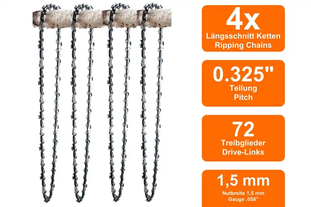 Sonderaktion 4 Längsschnitt Sägeketten passend für Poulan 325 45cm 0.325 72TG 1,5mm