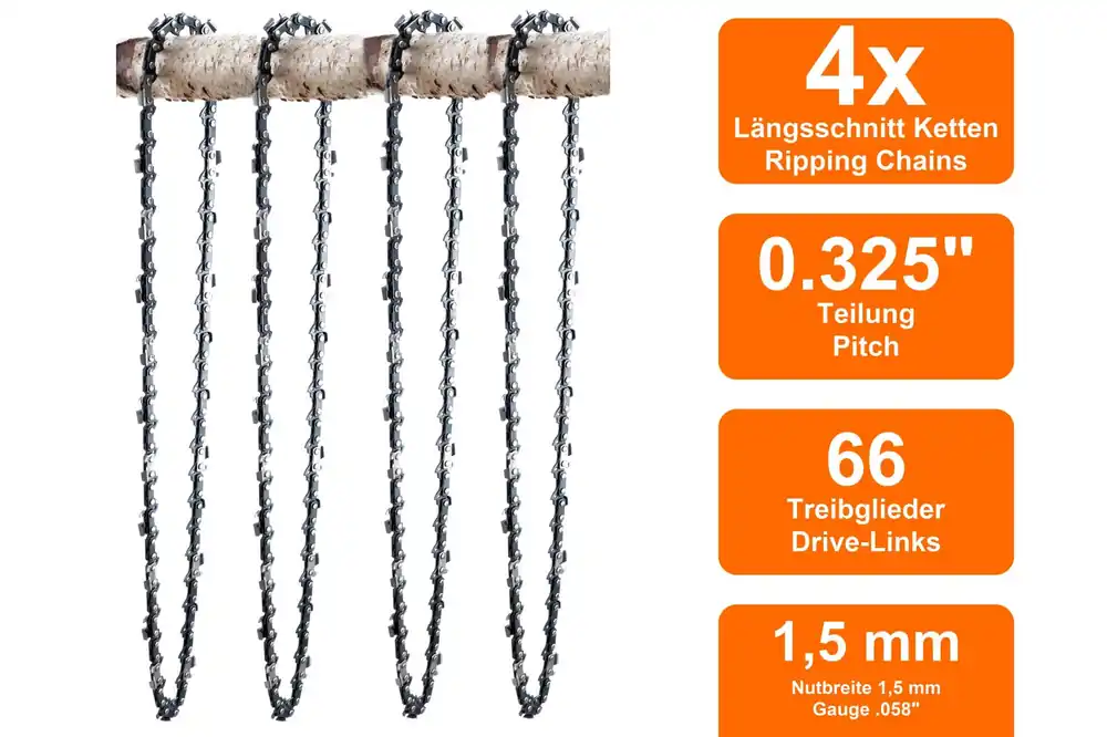 4 Längsschnitt Sägeketten passend für Jonsered 520SP 40cm 0.325 66TG 1,5mm Finale Aktion