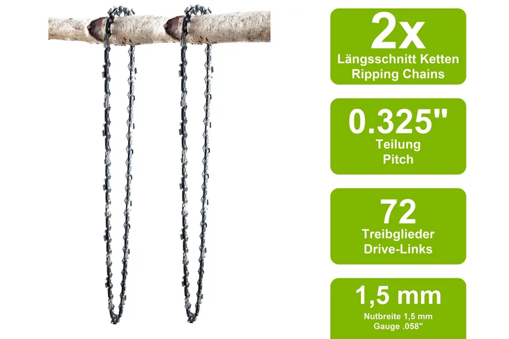 Neue Ware 2 Längsschnitt Sägeketten passend für ForstMeister FM BK 4545 45cm 0.325 72TG 1,5mm